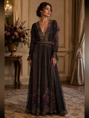 BCBGMaxAzria Black Embroidered Mesh V-Neck Maxi Dress Boho Formal  Renaissance 2